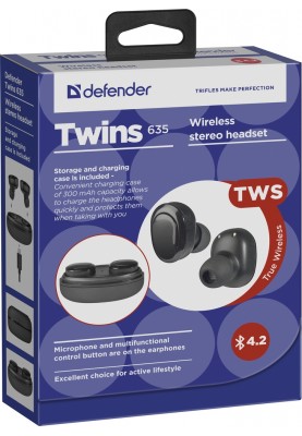 Гарнітура Defender Twins 635 TWS Bluetooth, Black (63635) (6488933)