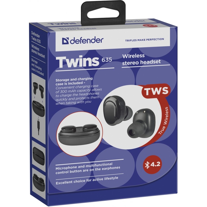 Гарнітура Defender Twins 635 TWS Bluetooth, Black (63635) (6488933)