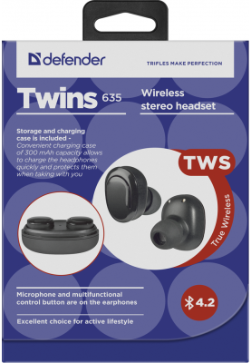 Гарнітура Defender Twins 635 TWS Bluetooth, Black (63635) (6488933)