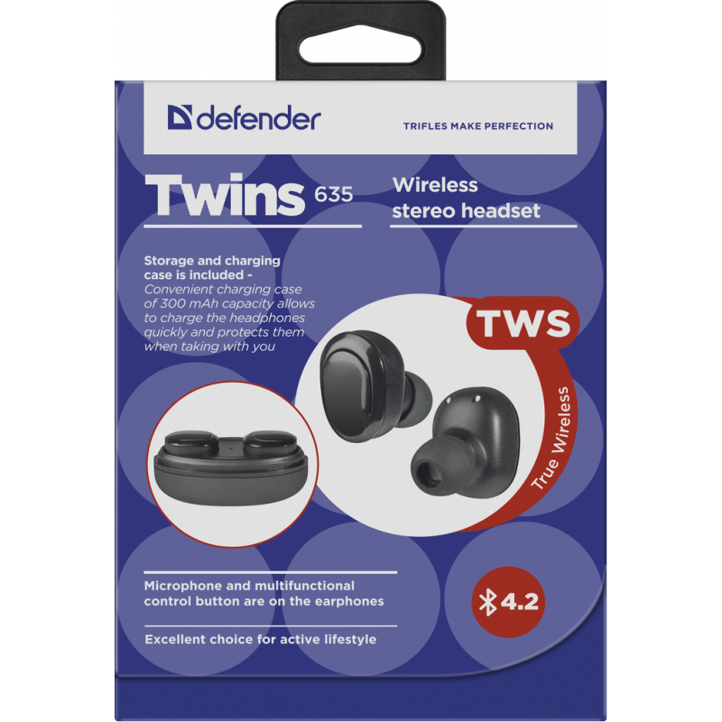 Гарнітура Defender Twins 635 TWS Bluetooth, Black (63635) (6488933)