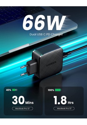 Мережевий зарядний пристрій Ugreen CD216 66W 2xType-C PD Charger (Black) (6689270)