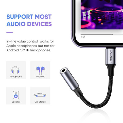 Кабель Ugreen US211 Lightning - 3.5mm F Audio Adapter 10см (Gray) (6776818)