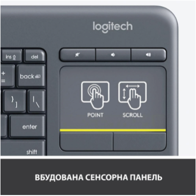 Клавіатура Logitech Wireless Touch K400 Plus, US, Black (920-007145) (6836237)