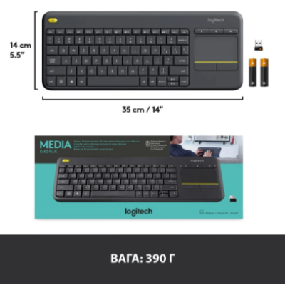 Клавіатура Logitech Wireless Touch K400 Plus, US, Black (920-007145) (6836237)