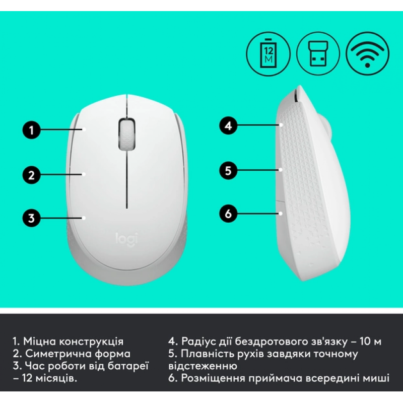 Миша комп'ютерна Logitech M171 Wireless Mouse, White (910-006867) (6857590)