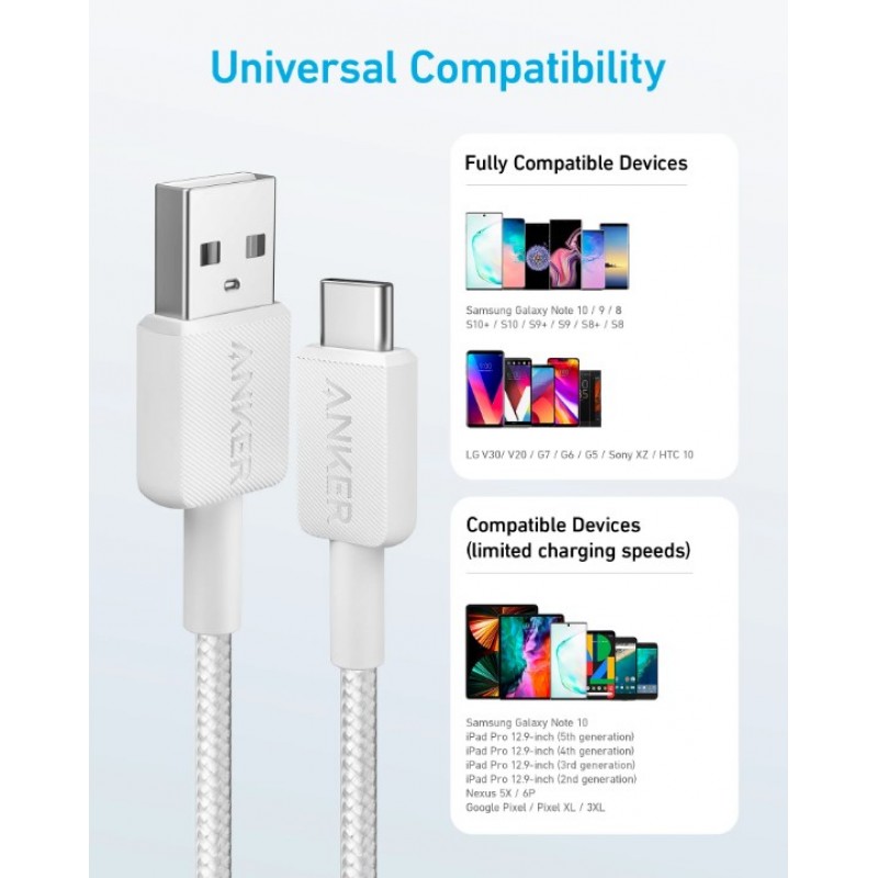 Кабель Anker 322 USB-A to USB-C - 1.8m Nylon White (6908156)