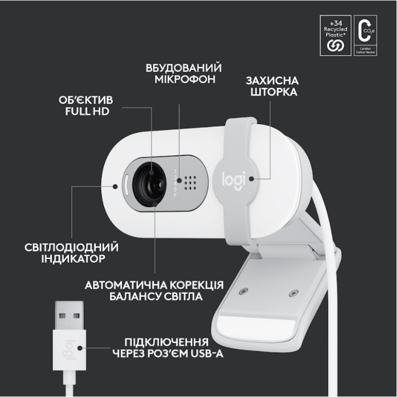 Веб-камера Logitech BRIO 100 FHD OFF-WHITE (960-001617)  (6914873)
