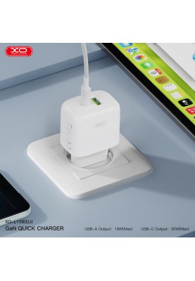 Мережевий зарядний пристрій XO L138 - 30W PD USB-C & 18W QC USB-A White (6974566)