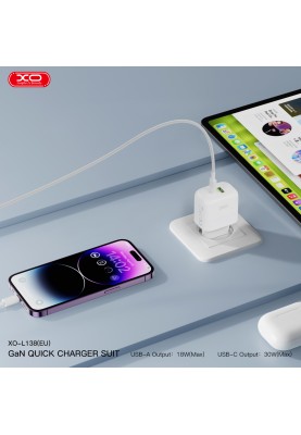 Мережевий зарядний пристрій XO L138 - 30W PD USB-C & 18W QC USB-A White (6974566)