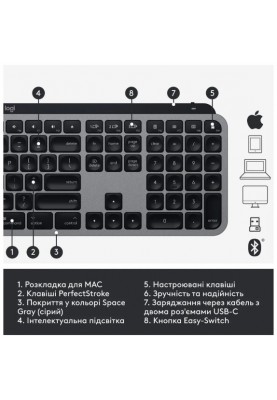 Клавіатура Logitech MX Keys for Mac Advanced Space Grey (920-009558) (6744441)