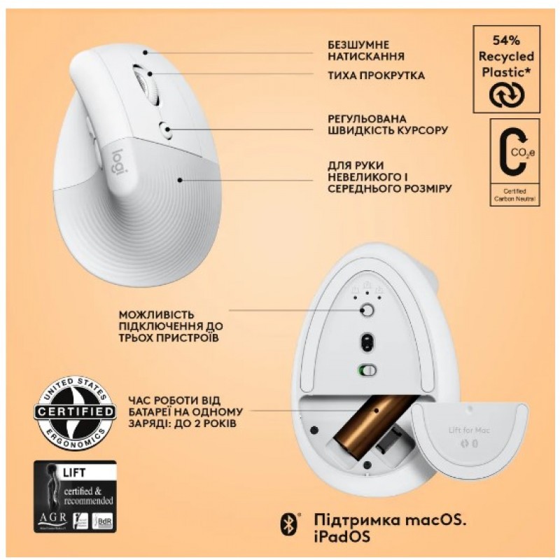 Миша Logitech Lift for Mac Vertical Ergonomic, Off-White/Pale Grey (910-006477) (6836232)