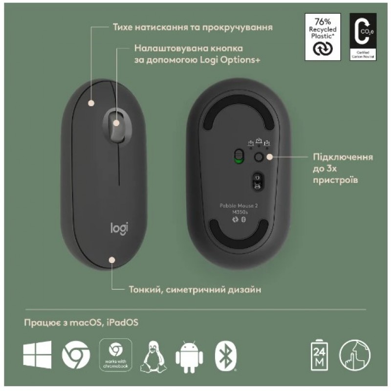 Миша Logitech Pebble Mouse 2 M350s Tonal Graphite (910-007015) (6915626)