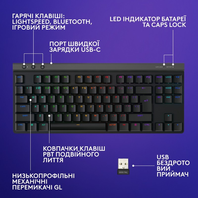 Клавіатура Logitech G515 LIGHTSPEED TKL Wireless Gaming Black (920-012538) (6998420)