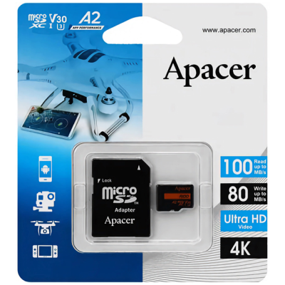 Карта пам'ятi Apacer 64GB MicroSDXC UHS-I/U3 Class 10 (AP64GMCSX10U8-R) + SD адаптер (6884059)
