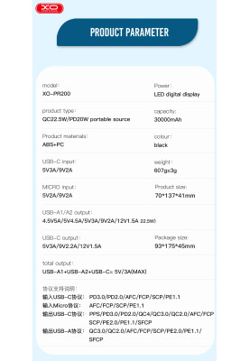 Портативний зарядний пристрій XO PR200 - 30000 mAh PD20W + QC22.5W Black (7005549)