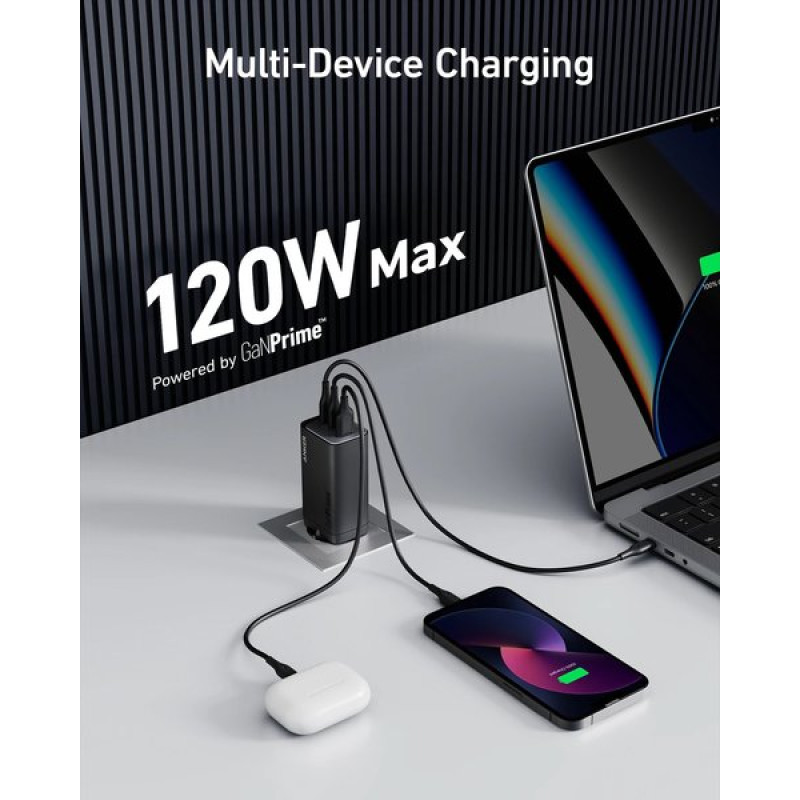 Мережевий зарядний пристрій Anker PowerPort 737 GaNPrime - 120W 2xPD & 1xPIQ PPS/DPDS Black (7079353)