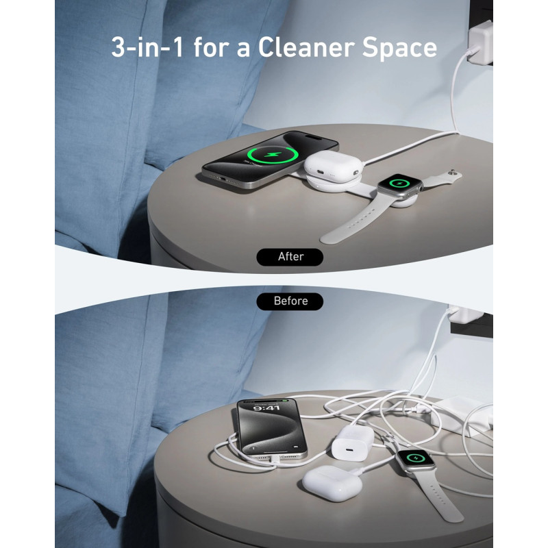 Бездротовий зарядний пристрій Anker MagGo Wireless Charging Pad 15W 3-in-1 Foldable White (7089465)