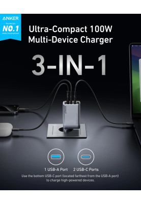 Сетевое зарядне пристрій Anker GaNPrime Charger - 100W, 2xUSB-C PD & 1xUSB-A Foldable Silver (7089458)