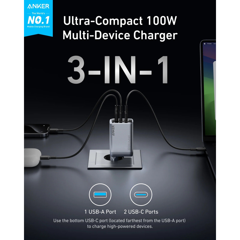 Мережевий зарядний пристрій Anker GaNPrime Charger - 100W, 2xUSB-C PD & 1xUSB-A Foldable Silver (7089458)