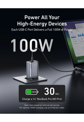 Сетевое зарядне пристрій Anker GaNPrime Charger - 100W, 2xUSB-C PD & 1xUSB-A Foldable Silver (7089458)