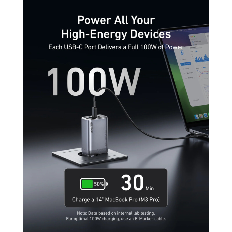 Мережевий зарядний пристрій Anker GaNPrime Charger - 100W, 2xUSB-C PD & 1xUSB-A Foldable Silver (7089458)