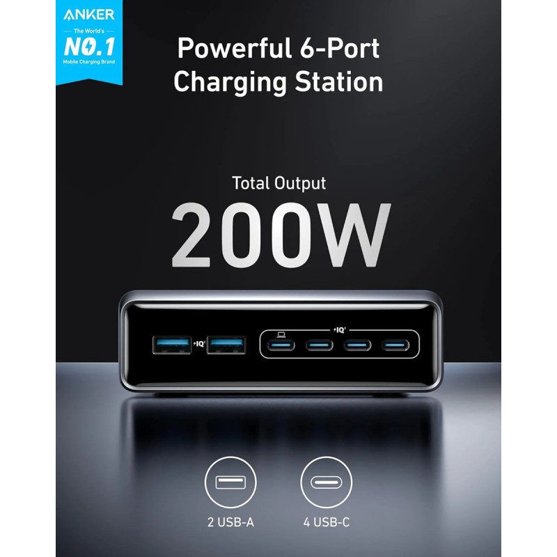 Мережевий зарядний пристрій Anker GaNPrime Charger - 200W, 4xUSB-C PD & 2xUSB-A Black (7121459)