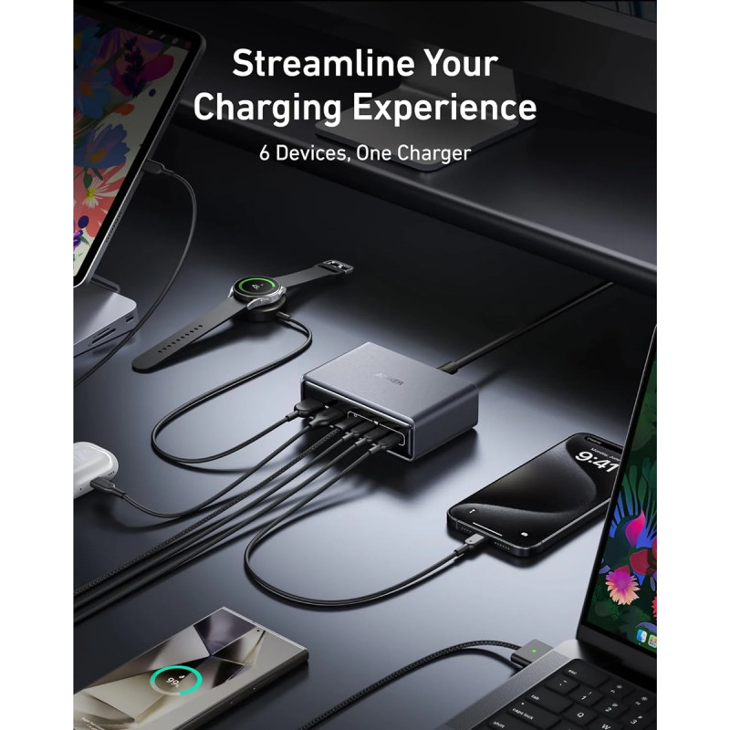 Мережевий зарядний пристрій Anker GaNPrime Charger - 200W, 4xUSB-C PD & 2xUSB-A Black (7121459)