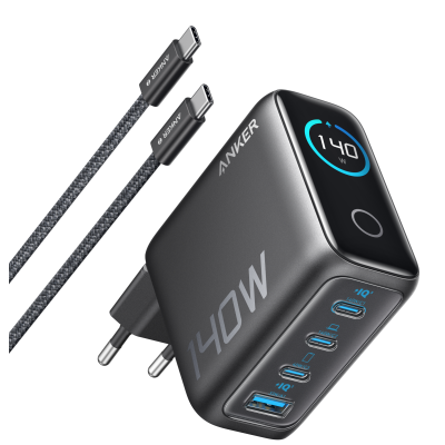 Мережевий зарядний пристрій Anker Laptop GaN Charger 140W, 3xUSB-C PD3.1 & 1xUSB-A w Display and Cable Black (7121460)