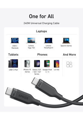 Кабель Anker USB-C to USB-C - 0.9m 240W 20 Gbps 4K Video Tranfer Bio-Nylon Black (7133643)