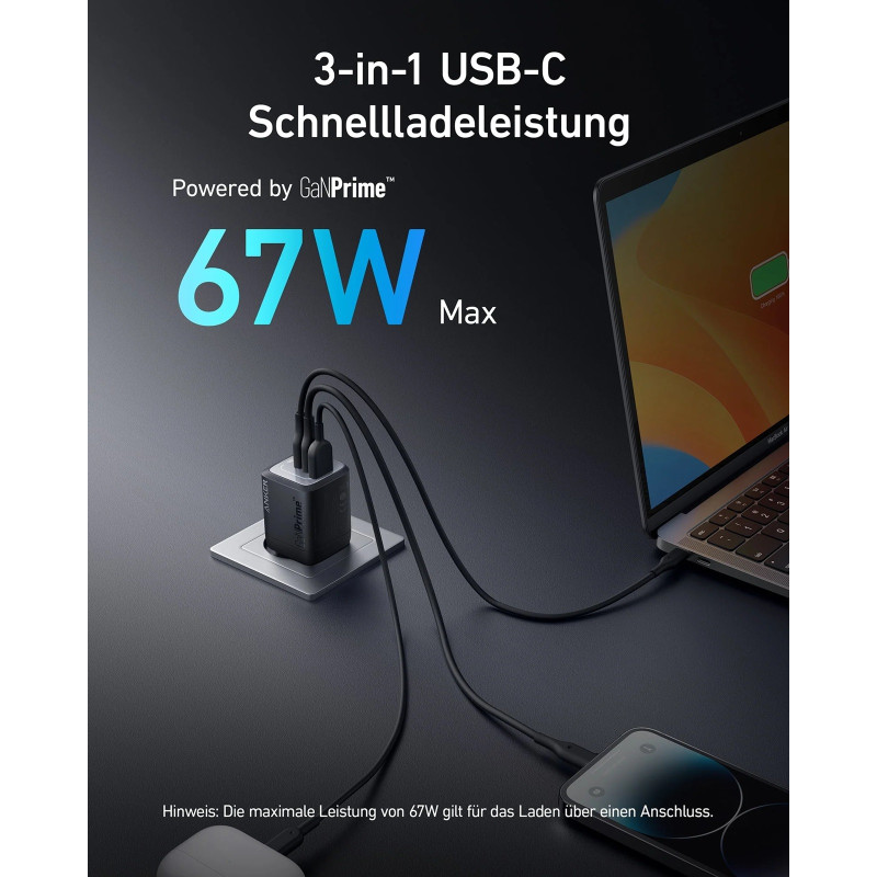 Мережевий зарядний пристрій Anker GaNPrime Charger - 67W, 2xUSB-C PD & 1xUSB-A Black (7133644)