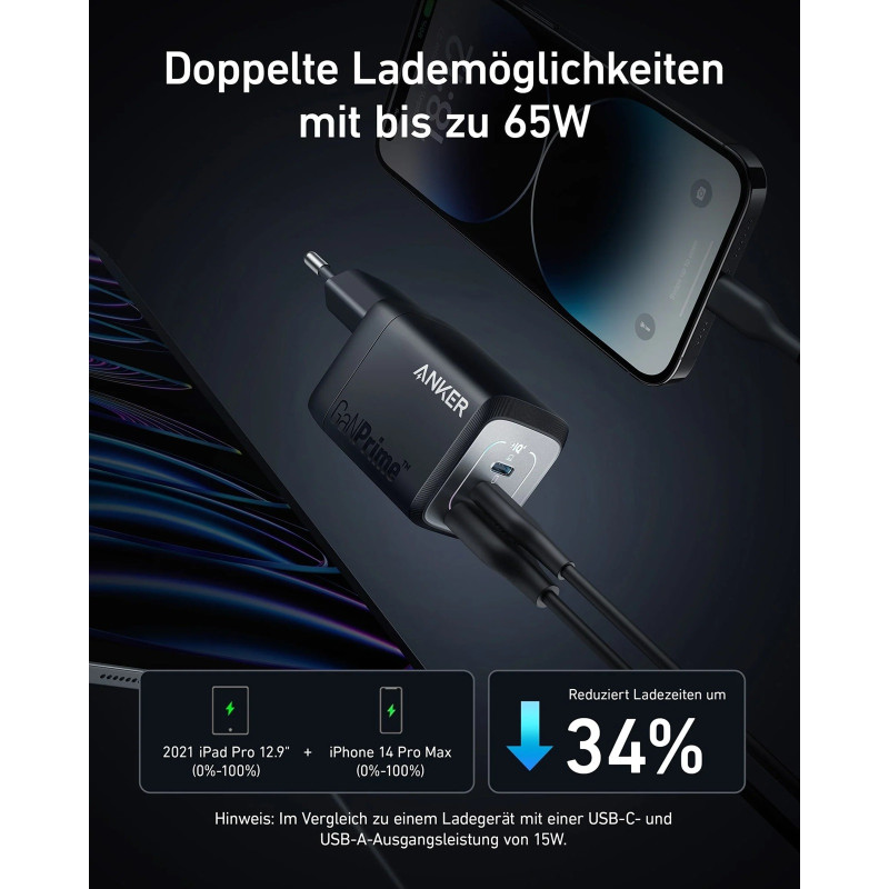 Мережевий зарядний пристрій Anker GaNPrime Charger - 67W, 2xUSB-C PD & 1xUSB-A Black (7133644)