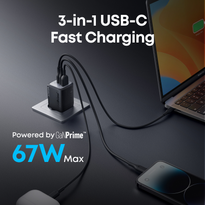 Мережевий зарядний пристрій Anker GaNPrime Charger - 67W, 2xUSB-C PD & 1xUSB-A Black (7133644)