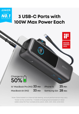 Портативний зарядний пристрій Anker 25000 mAh 165W PD Built-In Double USB-C Cables Black (7133683)