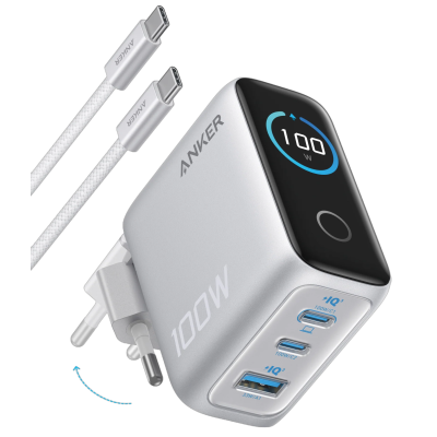 Сетевой зарядний пристрій Anker GaN Charger 100W, 2xUSB-C PD & 1xUSB-A w Display and Cable Silver (7232957)