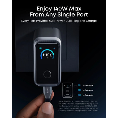 Мережевий зарядний пристрій Anker GaNPrime Charger 160W, 3xUSB-C PD3.1 w Display Silver (7232958)