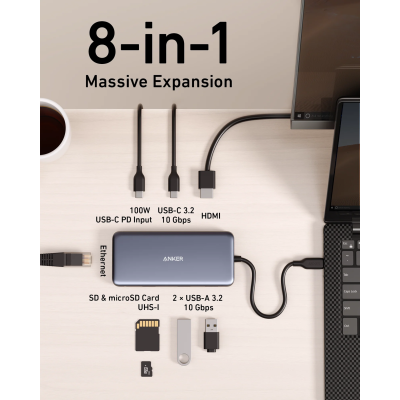 Перехідник Anker PowerExpand 8-in-1 - PD in 100W/HDMI/2xUSB-A/USB-C 10Gbps/LAN/SD Black (7255316)