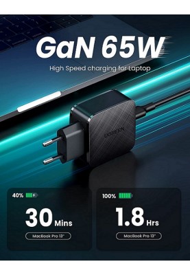 Мережевий зарядний пристрій Ugreen CD217 65W Type-C PD GaN Charger (Black) (6689268)