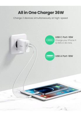 Мережевий зарядний пристрій Ugreen CD170 36W USB + Type-C Charger (White (6689269)