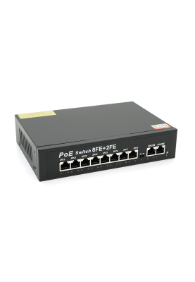 Комутатор POE 48V з 8 портами POE + 2 порти Ethernet (UP-Link) 100Мбіт, з посиленням сигналу до 250метрів, БП вбудований 1,7 кг (270*180*44), Q20