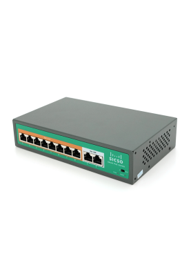Комутатор POE SICSO 48V з 8 портами POE 100Мбіт + 2 порт Ethernet (UP-Link) 100Мбіт, з посил. сигн. до 250м, корпус-метал, Silver, БП вбудований, Q30