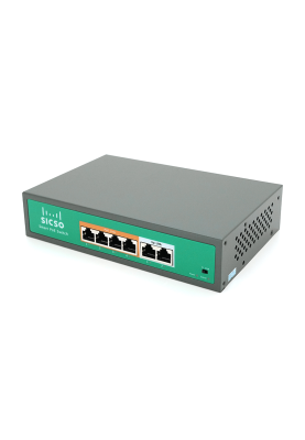 Комутатор POE SICSO 48V з 4 портами POE 100Мбіт + 2порт Ethernet (UP-Link) 100Мбіт, з посил. сигн. до 250м, корпус-метал, Silver, БП вбудований, Q30