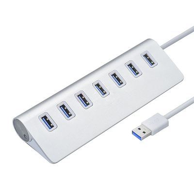 Хаб USB 3.0 алюмінієвий, 7 портів, 20 см, заряд до 900mAh, підтримка до 2TB, Blister