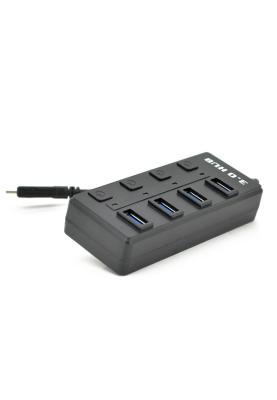 Хаб Type-C, 4 порти USB 3.0, 20 см, з кнопкою на кожен порт, Black, Blister