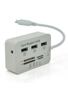 Хаб Type-C алюмінієвий, 3 порти USB 3.0 + Card Reader, 20 см, White, Пакет