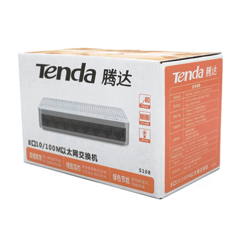 Комутатор Tenda S108 8 портів Ethernet 10/100 Мбіт/сек, BOX Q100