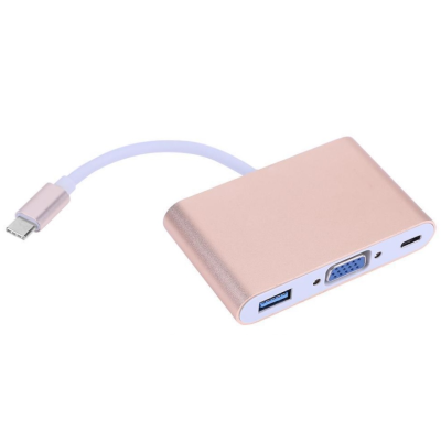 Конвертер Type-C (тато) на VGA (мама) + USB 3.0 (мама) + Type-C (мама) 10cm, GOLD, 4K / 2K Пакет