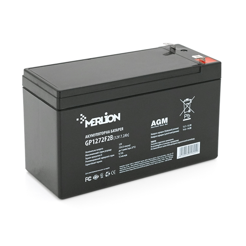 Акумуляторна батарея MERLION AGM GP1272F2B 12 V 7,2 Ah ( 150 x 65 x 95 (100) ) Black Q10