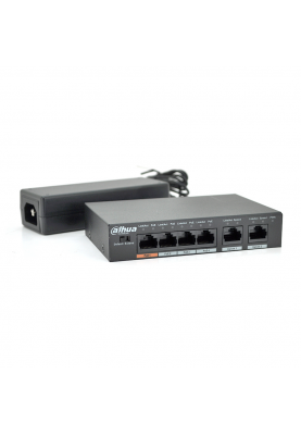 Комутатор POE Dahua DH-PFS3006-4ET-60 з 4 портами POE 100Мбіт + 2 порти Ethernet (UP-Link) 100Мбіт, корпус - метал, Black, БП в комплекті
