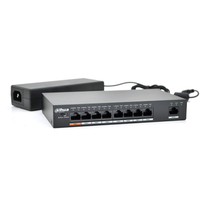 Комутатор POE Dahua DH-PFS3009-8ET-96 48V з 8 портами POE 100Мбит + 1 порт Ethernet (UP-Link) 100Мбит, корпус - метал, Black, БП в комплекті + кабель живлення