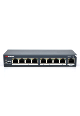 Комутатор Hikvision DS-3E0309-E 8 портів 100Мбіт + 1 порт Ethernet (UP-Link) 1000Мбіт, блок піт 12V 1A в комплекті, корпус метал, BOX (178*80*29)